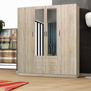 Sliding Wardrobe 4U Manchester Hinge Mirror Four Door Wardrobe with Drawers | Width: 171 cm | Colors: White, Black and Oak (Oak)