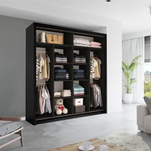 Modern Double Sliding Door Wardrobe 2 Mirrored Hanging Rails & Shelves Storage Cabinet for Bedroom (California Black, 203cm)