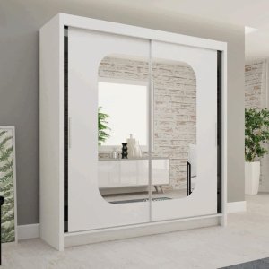 FURNITUREWAVE Alfa Sliding Door Wardrobe with Shelves & Hanging Rails White, Black, Grey & Oak Modern Furniture for Bedroom (120cm/150cm/180cm/203cm) (White, 203cm)