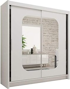 FURNITUREWAVE Alfa Sliding Door Wardrobe with Shelves & Hanging Rails White, Black, Grey & Oak Modern Furniture for Bedroom (120cm/150cm/180cm/203cm) (White, 203cm)