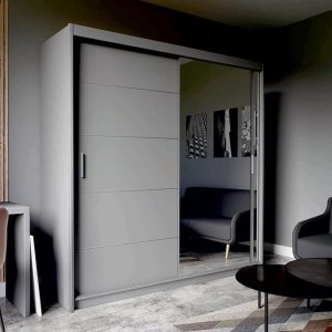 FURNITUREWAVE Vista Double Sliding Door Mirror cupboard, 2 Door cabinet with Hanging Rails & Adjustable Shelves, Space Saving Wardrobe for Bedroom (Grey...