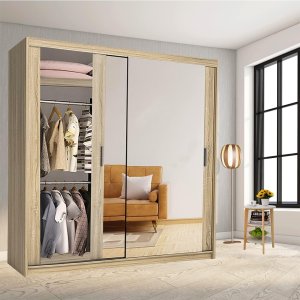 FURNITUREWAVE Samsun Modern Double Sliding Mirror Door Wardrobe Bedroom with Adjustable Hanging Rails, Shelves Storage Cupboard For Home Furniture (White, 120cm)