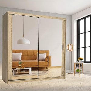 FURNITUREWAVE Samsun Modern Double Sliding Mirror Door Wardrobe Bedroom with Adjustable Hanging Rails, Shelves Storage Cupboard For Home Furniture (White, 120cm)