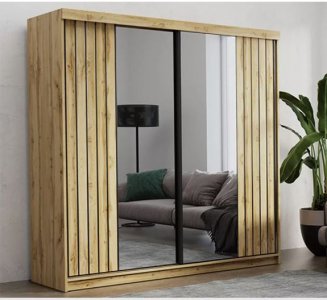 MOLLY Modern Double Sliding Door Wardrobe with Full Mirror - 2 Sizes - OAK