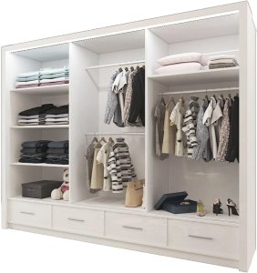 UK SLIDING WARDROBE Modern High Gloss 2&3 Mirror Sliding Doors Wardrobe With Adjustable Shelves, Hanging Rails with LED Light,Bedroom Furniture (BLACK, 255cm)