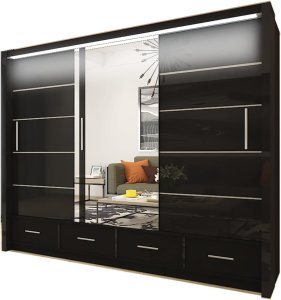 UK SLIDING WARDROBE Modern High Gloss 2&3 Mirror Sliding Doors Wardrobe With Adjustable Shelves, Hanging Rails with LED Light,Bedroom Furniture (BLACK, 255cm)