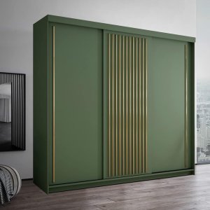 FURNITUREWAVE Elif Sliding Double/Triple Doors Modern Bedroom Green Wardrobe Decent Storage Cupboard with Adjustable Shelves and Hanging Rails (Green, 250cm)