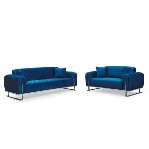 Herron Silver Metal Frame Plush Velvet 3 Seater and 2 Seater Sofa Set - Blue