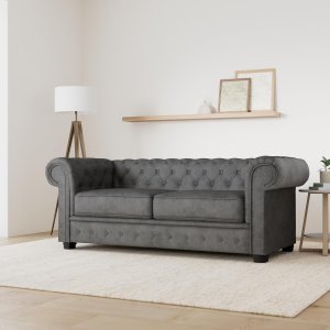 Chesterfield Style Corner Sofa Set 3+2 Seater Armchair Grey Fabric (3 Seater)