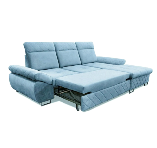Corner sofa with decorative stitching, bed linen bin, relax function - SLICK (Blue, Left)