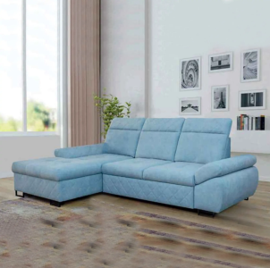 Corner sofa with decorative stitching, bed linen bin, relax function - SLICK (Blue, Left)