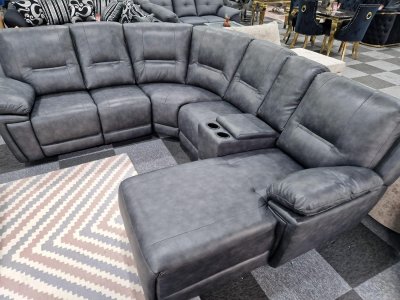 Sara Electric Recliner Corner Sofa With Cupholders - Leather Corner Sofa Grey - USB charging Ports (Right Hand Facing Long Chaise)