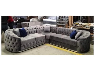 Khalifa Chesterfield 5 Seater Corner Sofa Deep Button Round Couch In Plush Grey